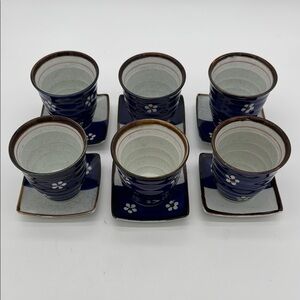 Japanese Saki Tea Set 12 Piece Set of 6 Blue Floral Teacups with Saucers